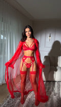 Orivea Scarlet Love Ritual - 5-Piece Red Lace Garter & Feathered Robe Set