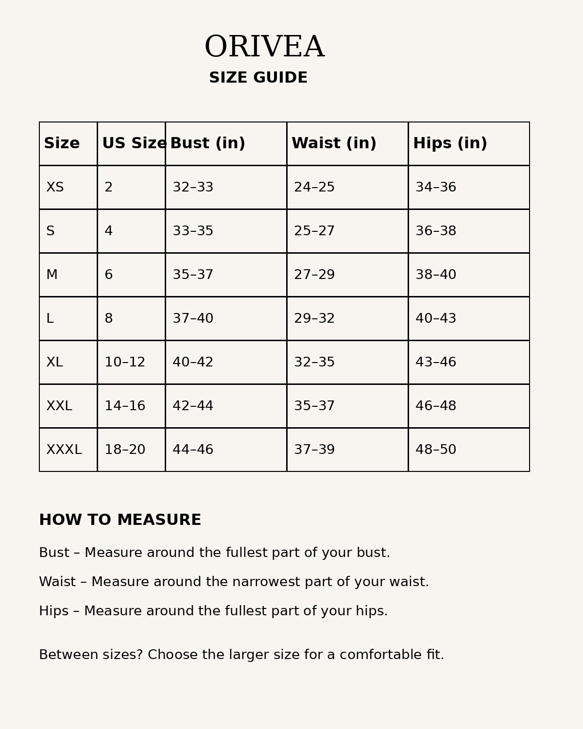 ORIVEA size guide chart for clothing with measurements in inches.