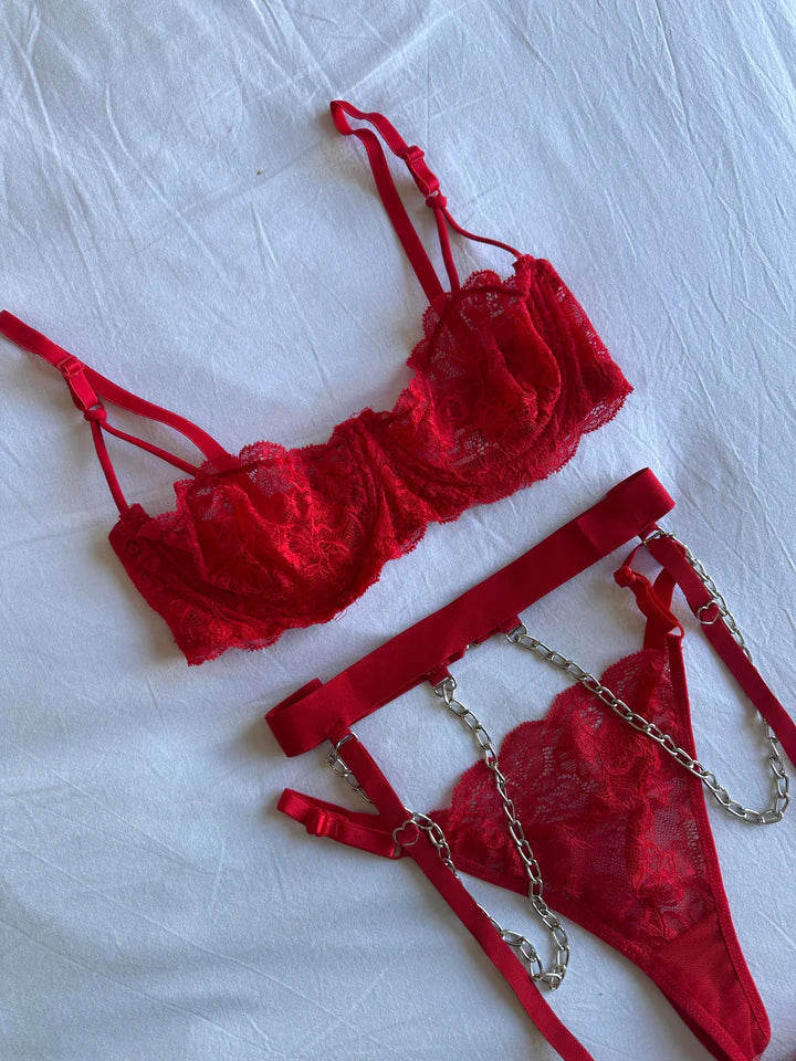 Orivea Scarlet Amour - 3-Piece Red Strappy Love Garter Set