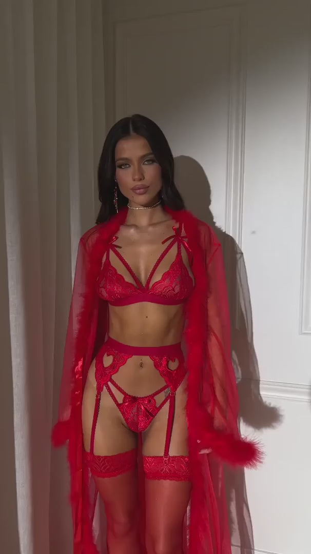 Orivea Scarlet Love Ritual - 5-Piece Red Lace Garter & Feathered Robe Set